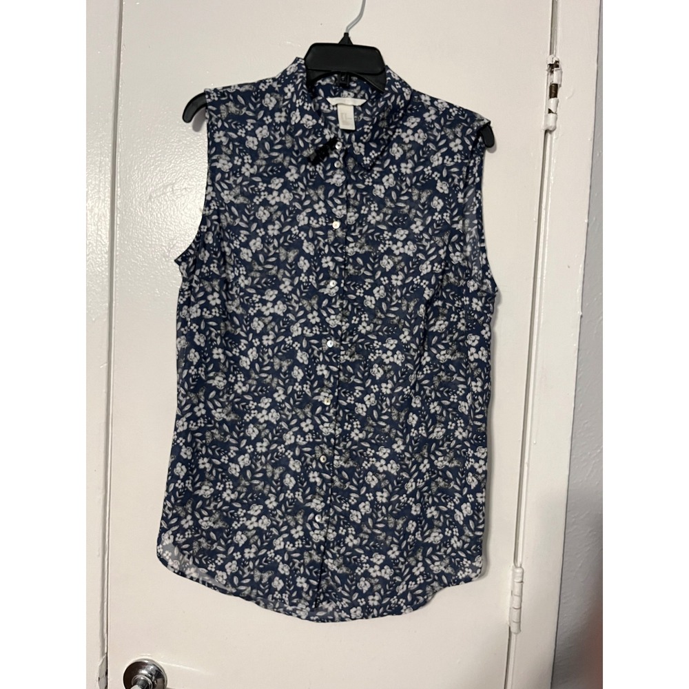 HM Womens Navy Blue Floral Butterfly Sleeveless Button Down Blouse Size 12